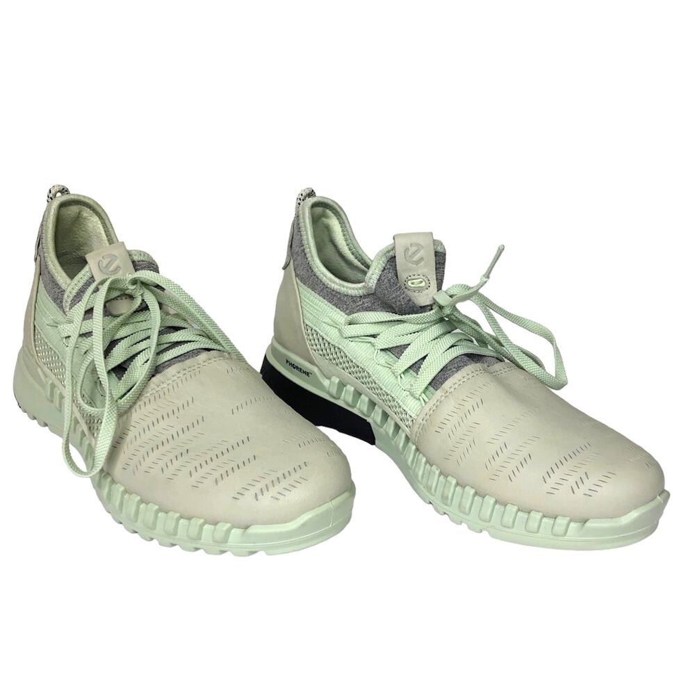 Ecco Zipflex Leather and Mesh Sneaker Macha Green Lace Up Lightweight Comfort 37